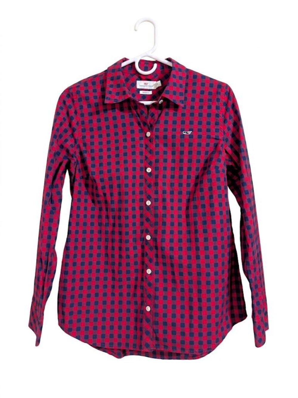 Vineyard Vines Gingham Plaid Button Up Shirt Red Dark Blue Size 6 Preppy Classic